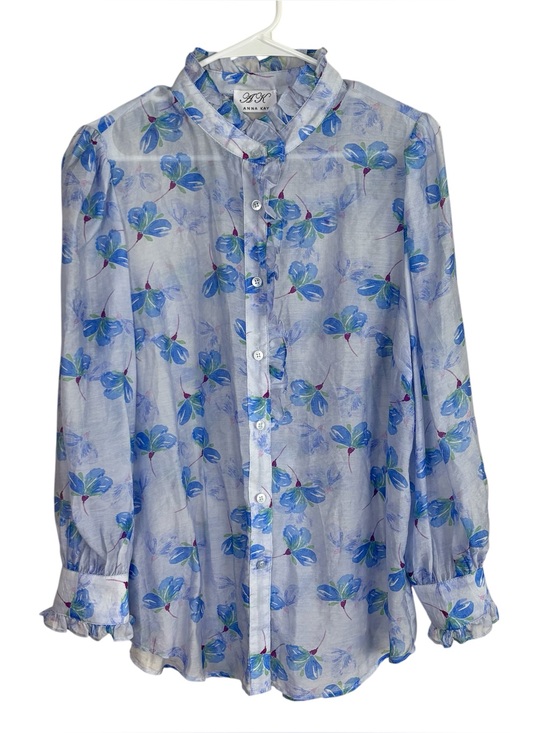 ANNA KAY Tops - Anna Kay Sheer Floral Long Sleeve Button Down Blouse Women’s Size Large Blue